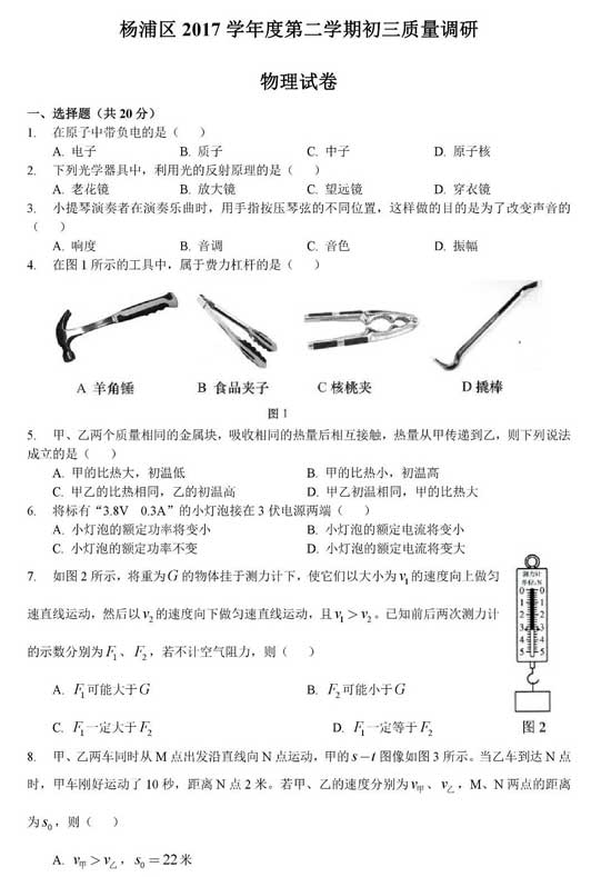 搶先看！2018楊浦區(qū)二模物理卷解析（含答案）